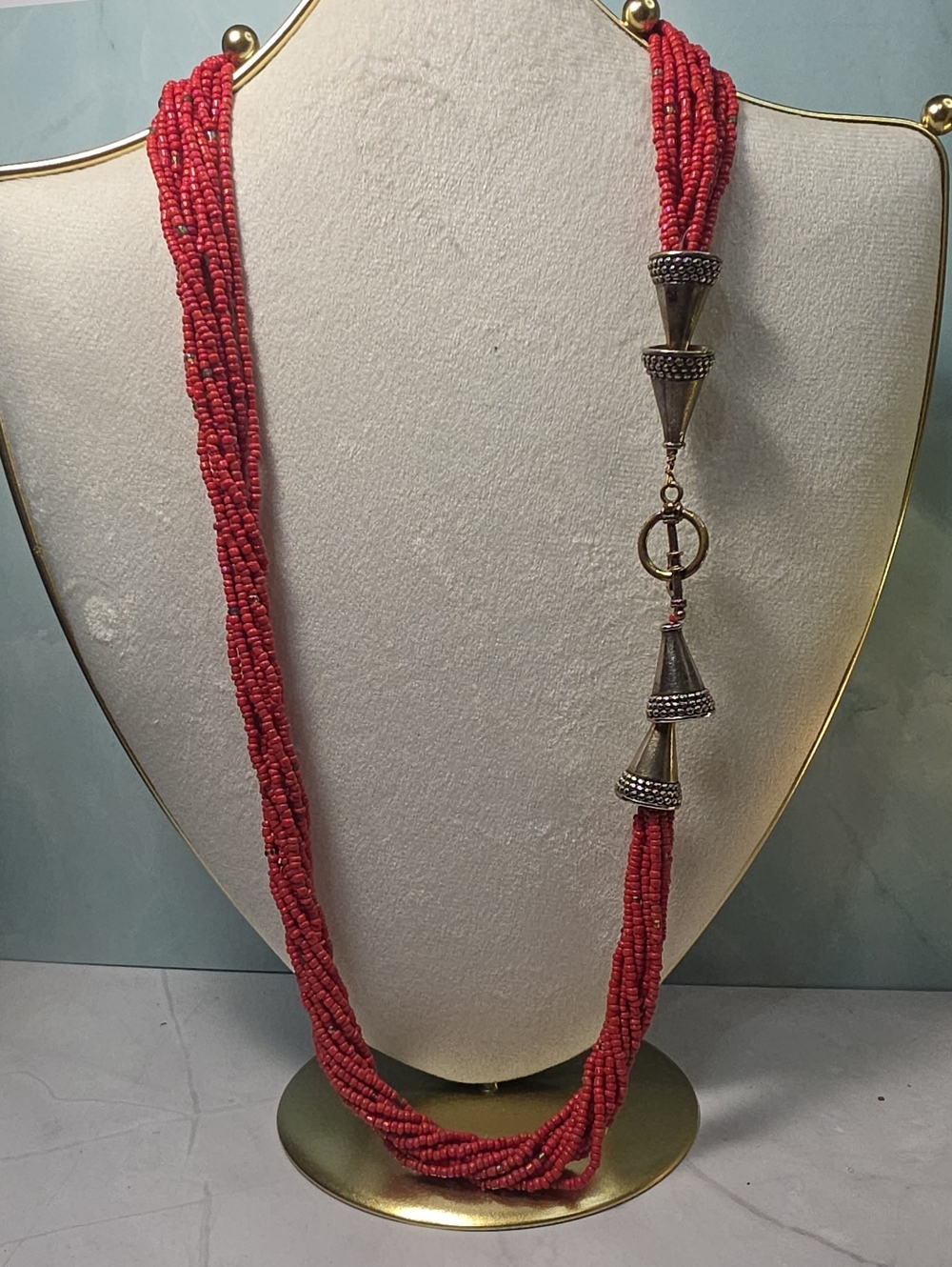 Red Multi-Strand Beaded Pendant Necklace - Unbranded